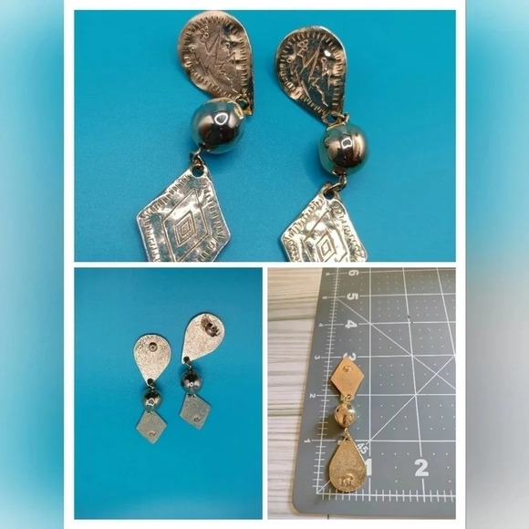 Gold tone Three Tier Post Earrings with Geometric Embossed Details - Picture 1 of 4